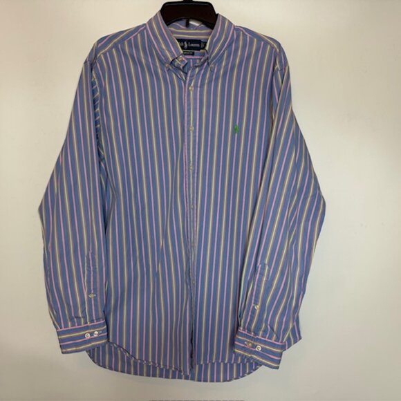 Ralph Lauren Dress Shirt Men's 16 1/2, 34/35 Blue Yellow Stripe Classic Fit - Picture 3 of 10